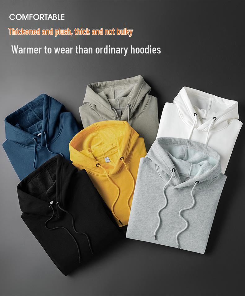 Men's Heavyweight Cotton Long-Sleeve T-Shirt with Plus Velvet Hood - Autumn/Winter Loose Base Layer Top