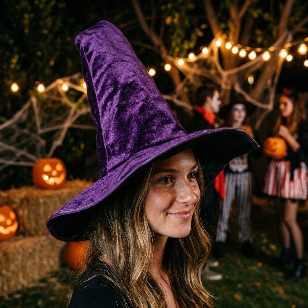 Samtplüsch Zaubererhut Große gebogene Spitze Hoher Hexenhut Halloween Hexenhut Maskenball