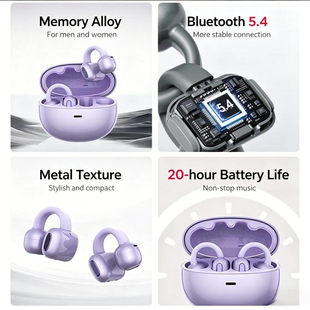 nubia Bluetooth Earphones Clip-On, Bone Conduction Concept, Open-Style, Non-In Sports Running, Ultra-Long Battery Life Compatible, Purple