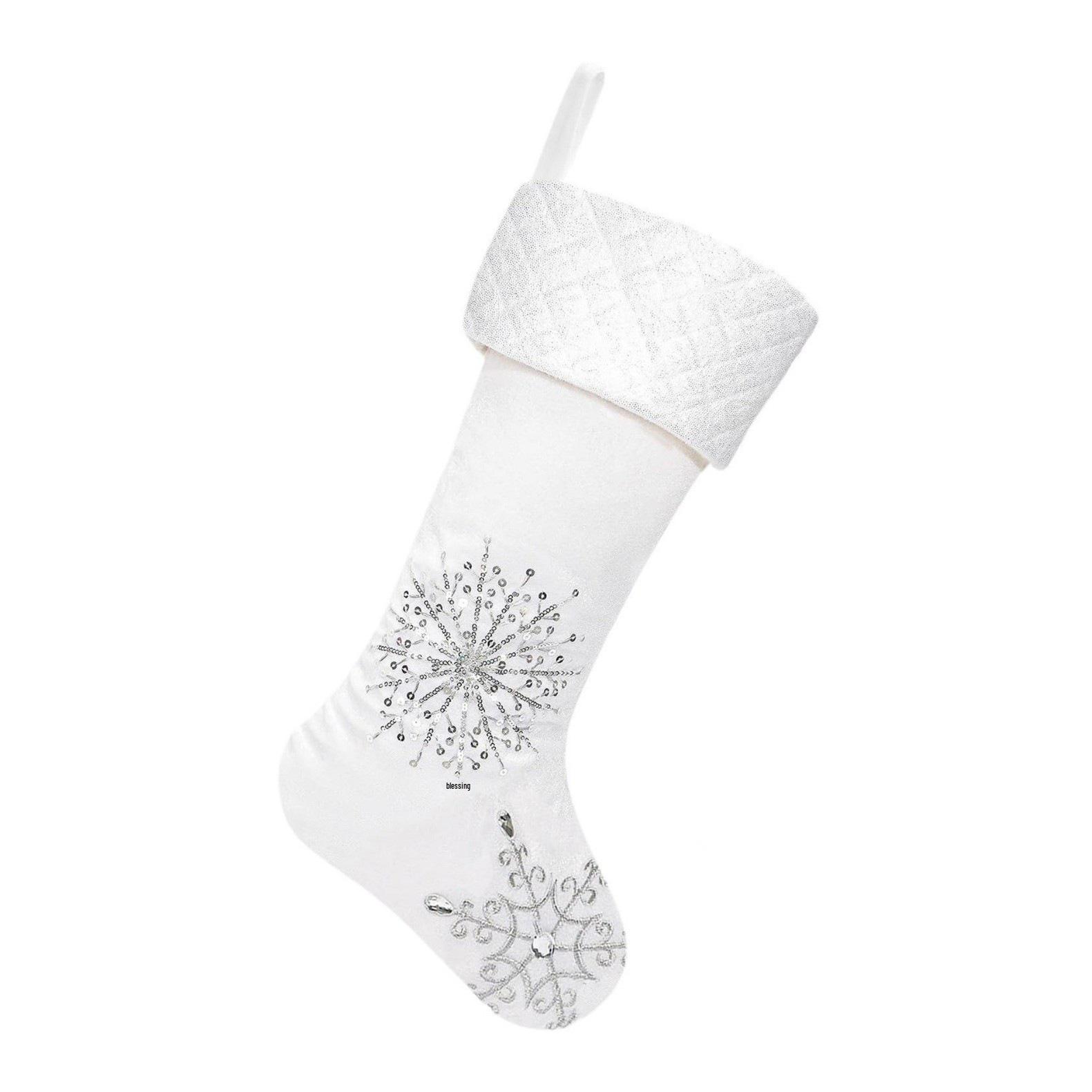 White Leather Christmas Stocking with Silver Sequins Snowflake