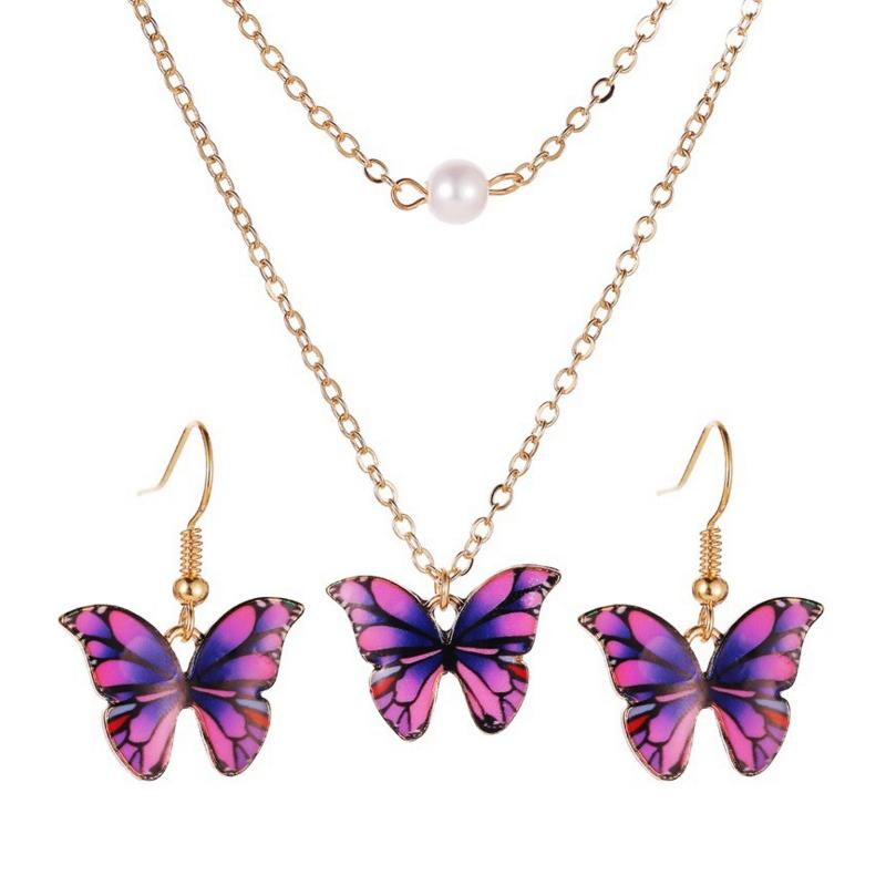 

Fashion Choker Chain Pearl Necklace Earrings Sets for Women Zircon Cute Colorful Butterfly Gold Color Chain Vintage Jewellery фиолетовый