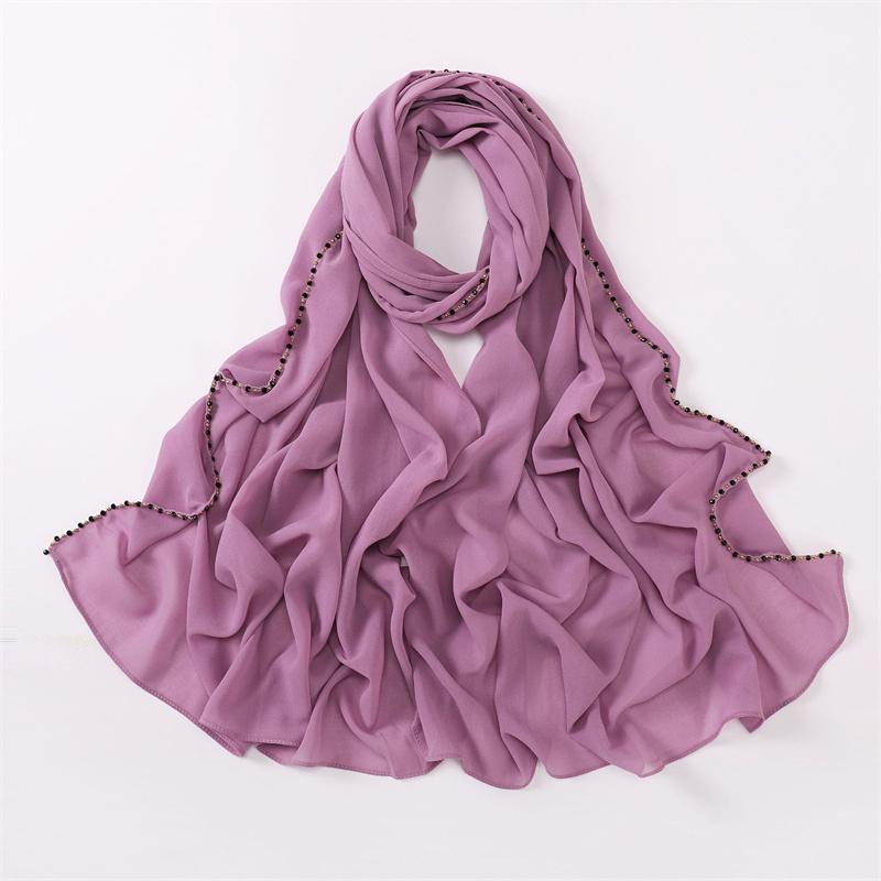 Plain Gold Ball Pearl Chain Bubble Chiffon Instant Shawls Scarf Lady High Quality Beach Stole Bufandas Muslim Hijab 175*70Cm