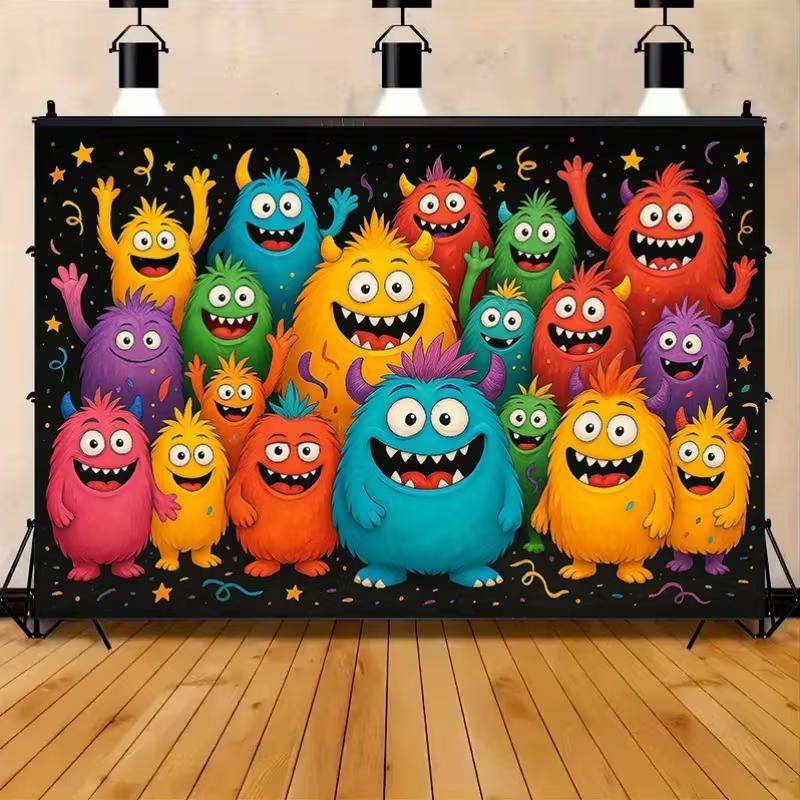 2D Bright Happy Monster Party Tapestry Kids Bedroom Colorful Wall Art Decor