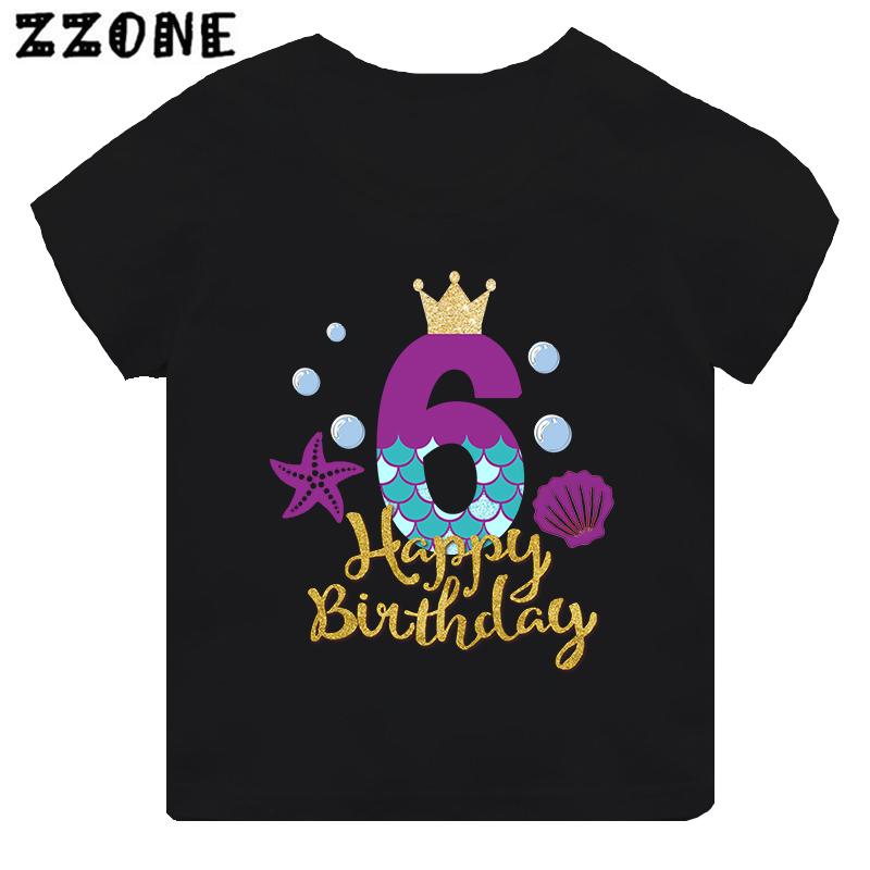 Cute Mermaid Princess Print Girls Clothes 1 2 3 4 5 6 7 8 9 Years Happy Birthday Kids Short Sleeve T Shirt Baby Boys TShirts