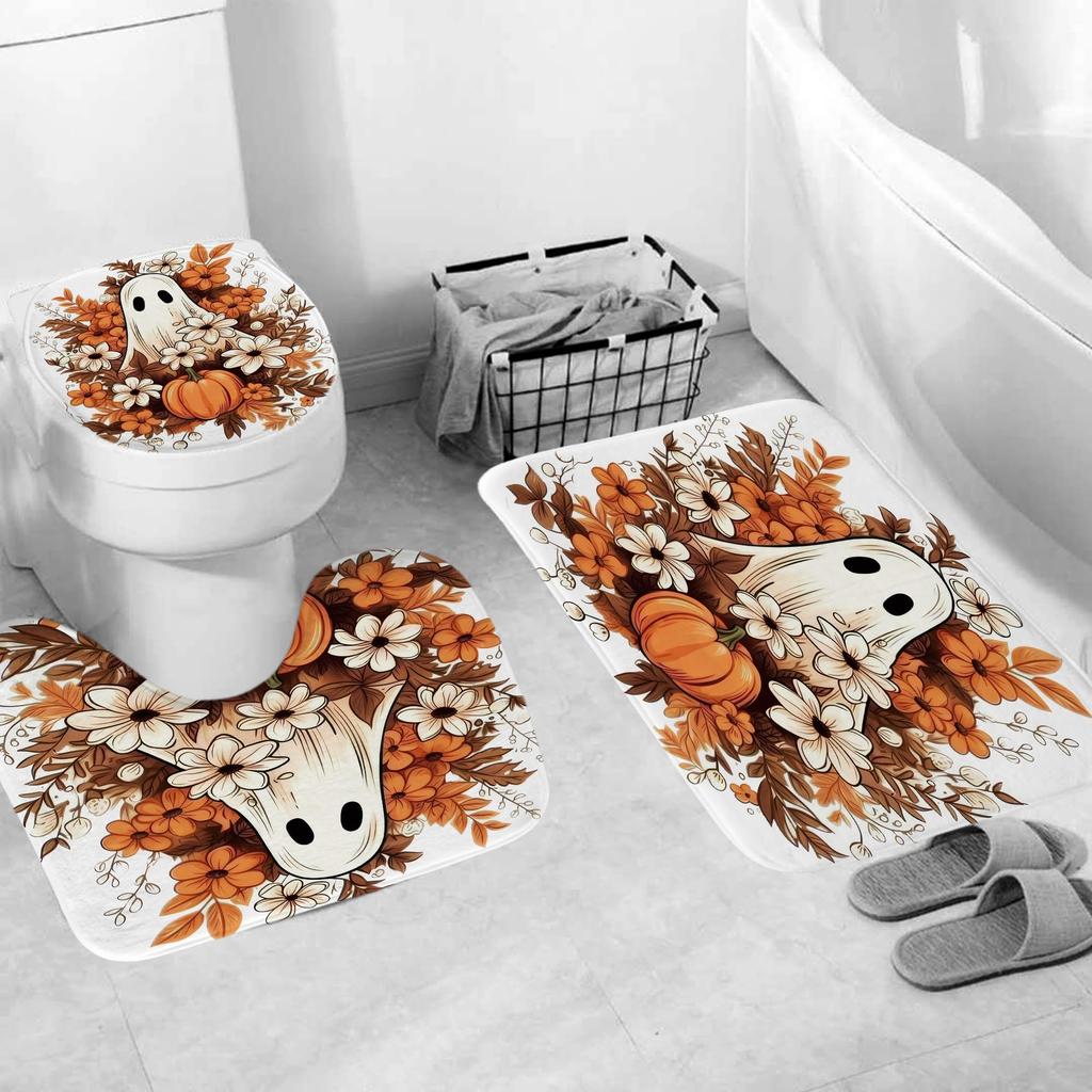 4Pcs Halloween Shower Curtain Set Fall Autumn Floral Design with Ghost And Pumpkin Elements Anti-Slip Bathroom Decor Accessories