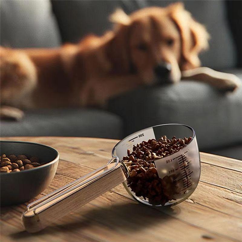 Practical-Pet Measuring Cup With Sealing Clip Design For Dog Cat Dry Or Wet Food Scoops Wood Handle Precision Scale Pet Supplies