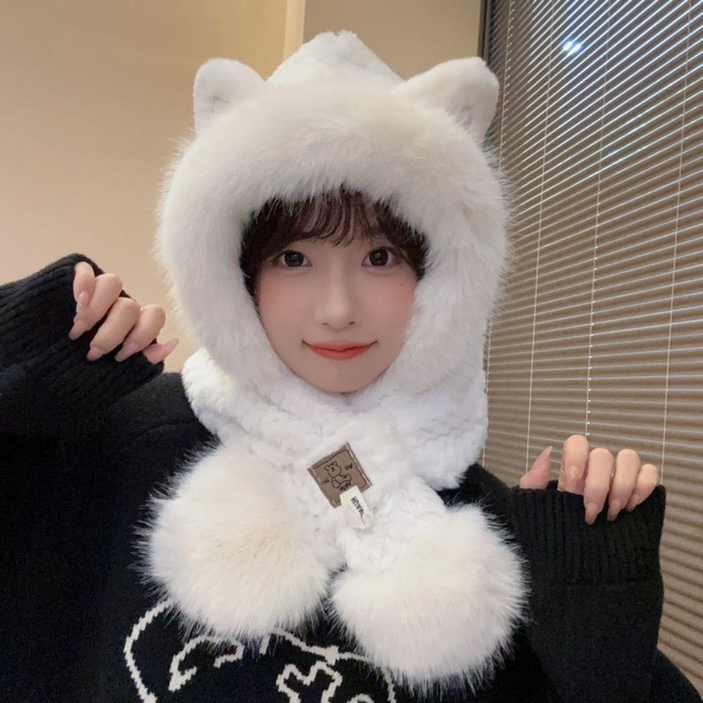 Cute Plush Beanie Hat Ear Protection Pullover Hats New Hat Scarf Kit for Girls Women
