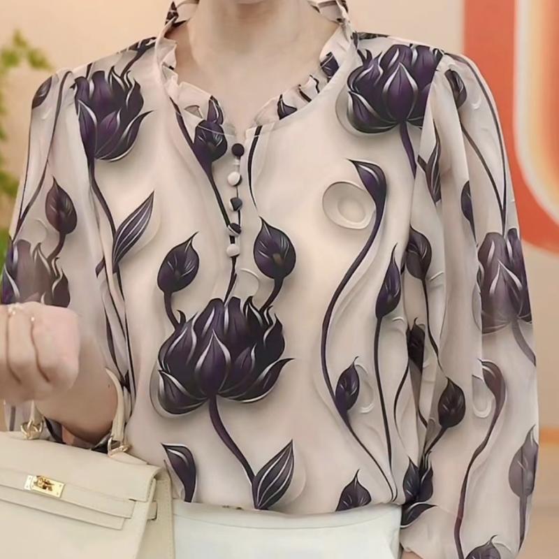

Spring Autumn Style Fashionable Mom Chiffon Shirt with Western Style Loose and Slimming Age Reducing Seven Cent Sleeve Women M темно-фіолетовий колір
