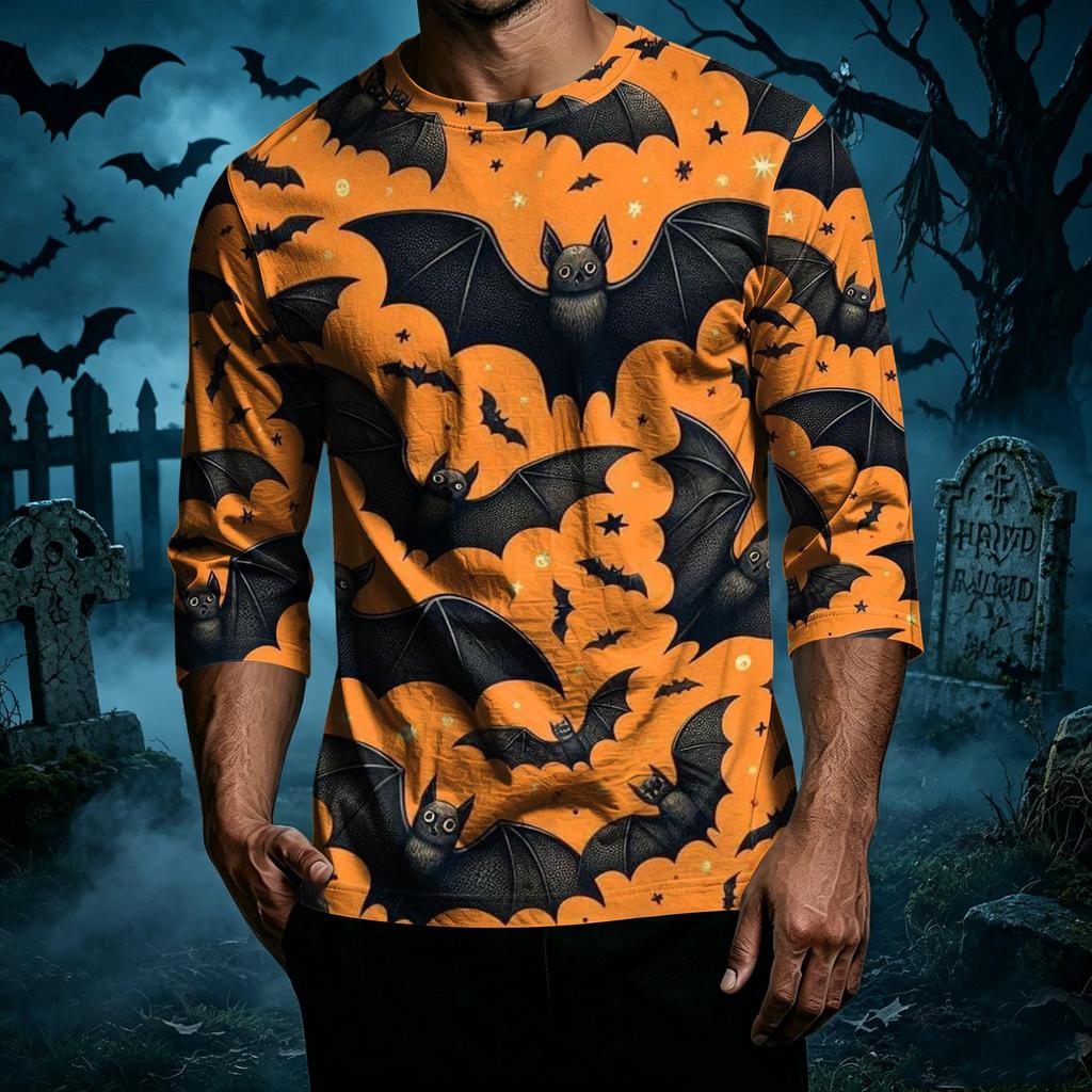 Men Casual Halloween Print Raglan Sleeve T Shirt Crew Neck Three Quarter Sleeve Top for Everyday Wear