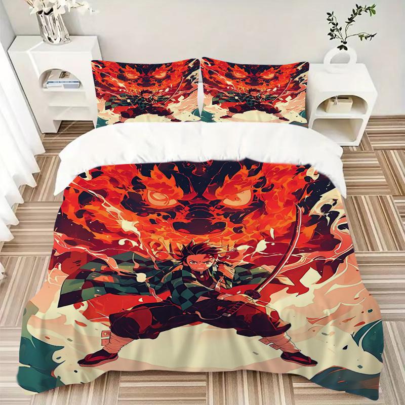 3pcs Demon Slayer Tanjiro's Quilt Cover Set - Soft & Comfortable Polyester Fabric, All-Season Breathable Comforter Set For 1 Quilt Cover & 2 Pill