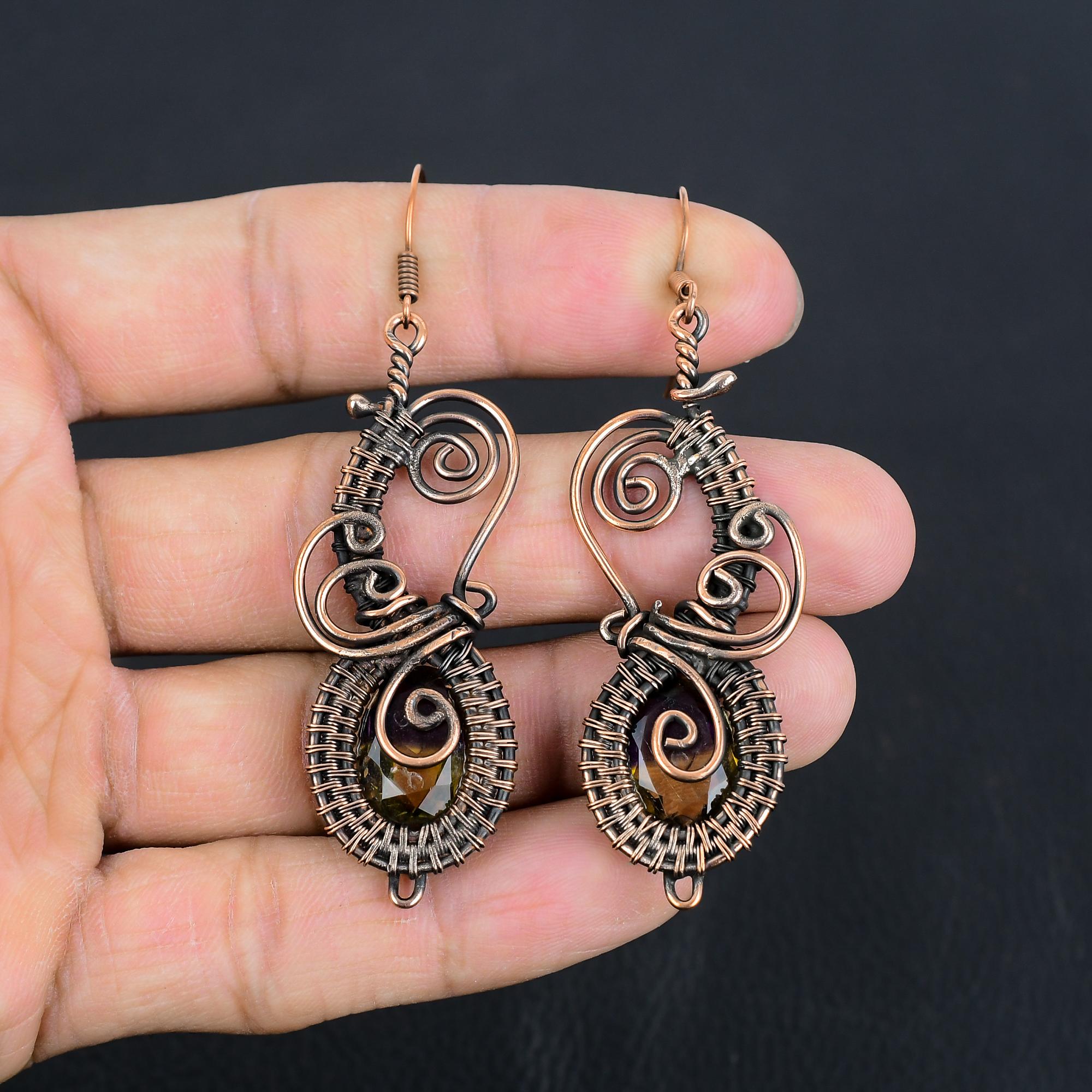 

Серьги с дымчатым топазом, Ювелирные изделия, обернутые медной проволокой 999 пробы, Серьги с драгоценными камнями, Подарок для нее, Изящные украшения ручной работы 3.07 Inches