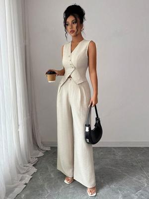 Women's Tie-Design Vest & Straight-Leg Pants Set
