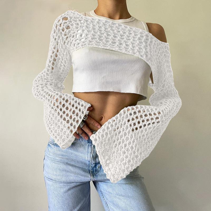 Women's Cover Ups Fall Women's Hand Hook Sweater Casual Ultra Short Flared Sleeve Sexy Mesh Cover Up