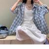 Women's Blue & White Plaid Cotton-Linen Shirt Jacket – Spring/Summer 2025, Sun Protection, Casual Style.