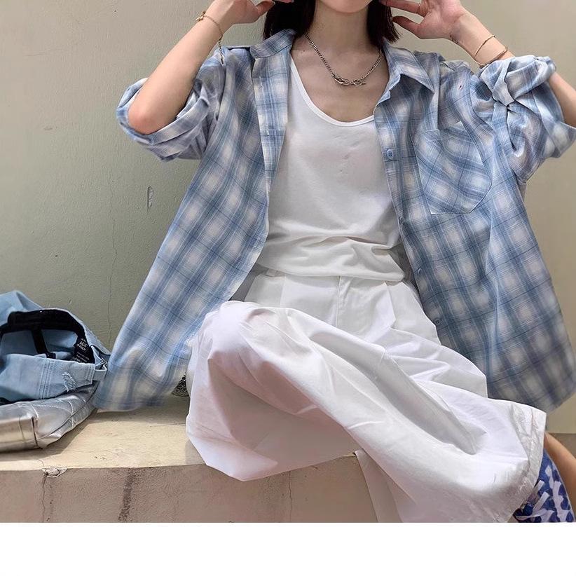 Women's Blue & White Plaid Cotton-Linen Shirt Jacket – Spring/Summer 2025, Sun Protection, Casual Style.