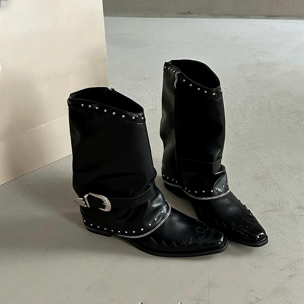 European and American Spice Girls Pointed Rivets Western Boots Women's Summer 2025 New Metal Belt Buckle High Heel Boots