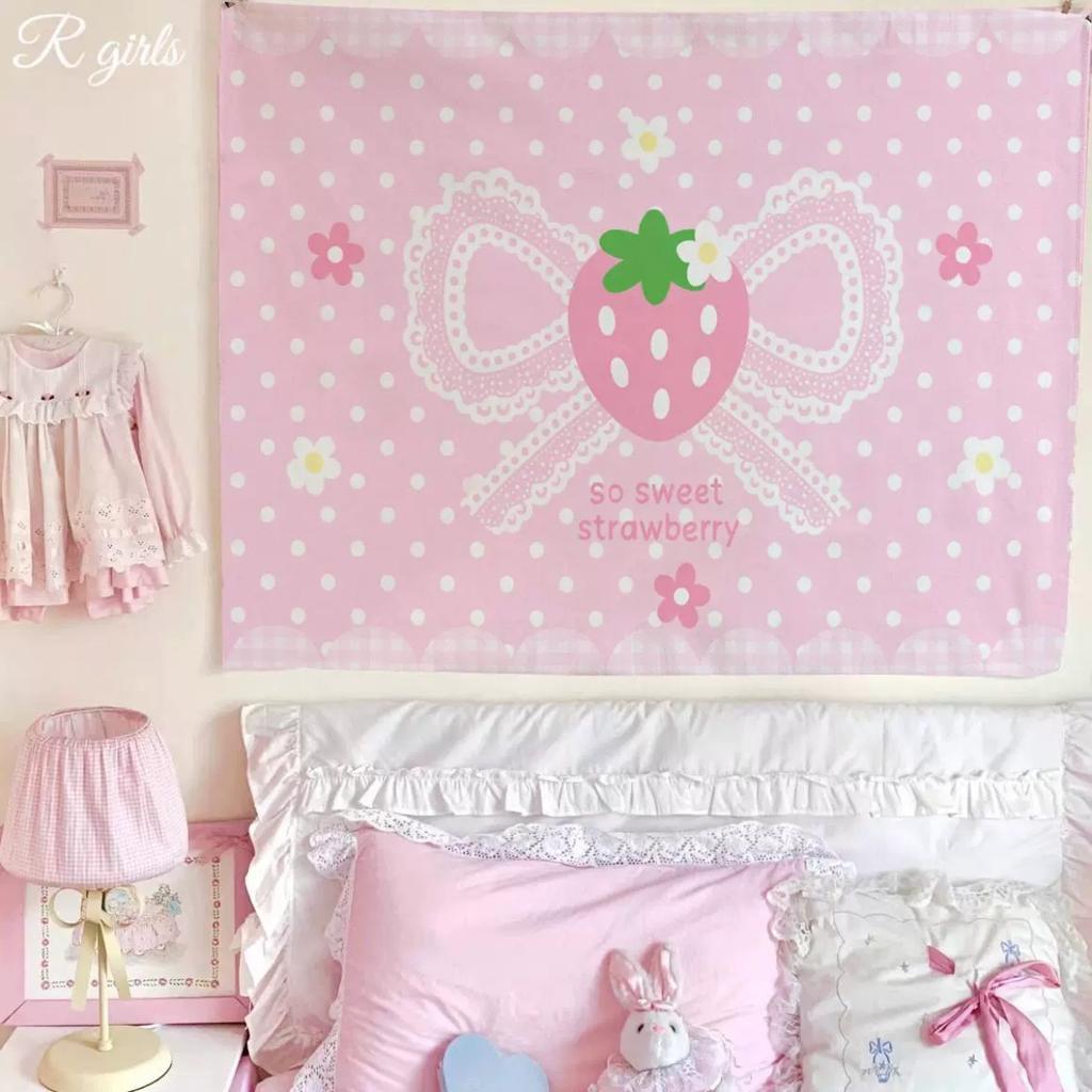 Sweet Pink Strawberry Tapestry, Polka Dot Wall Hanging, Cute Kawaii Background Cloth for Bedroom Dorm Aesthetic Decor