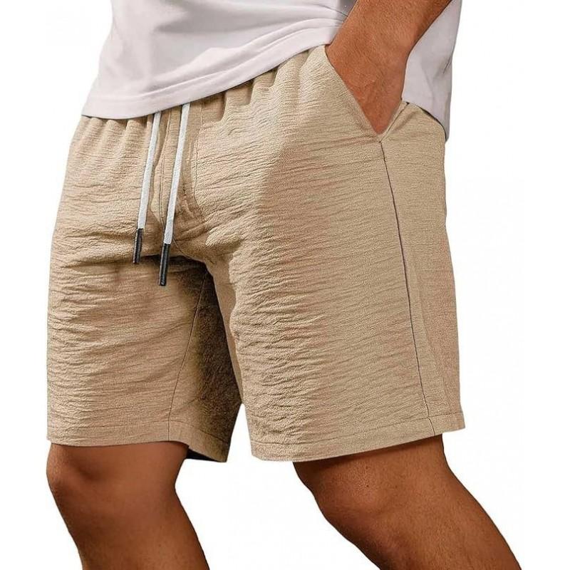 Mens Lightweight Cotton Linen Shorts Loose Fit Elastic Waist Drawstring Casual Sport Beach Walk Short Pants