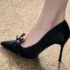 Black Bow High Heels Women's 2025 Spring and Autumn New Pointed Silk Temperament Silver Light Mouth Stiletto Shoes