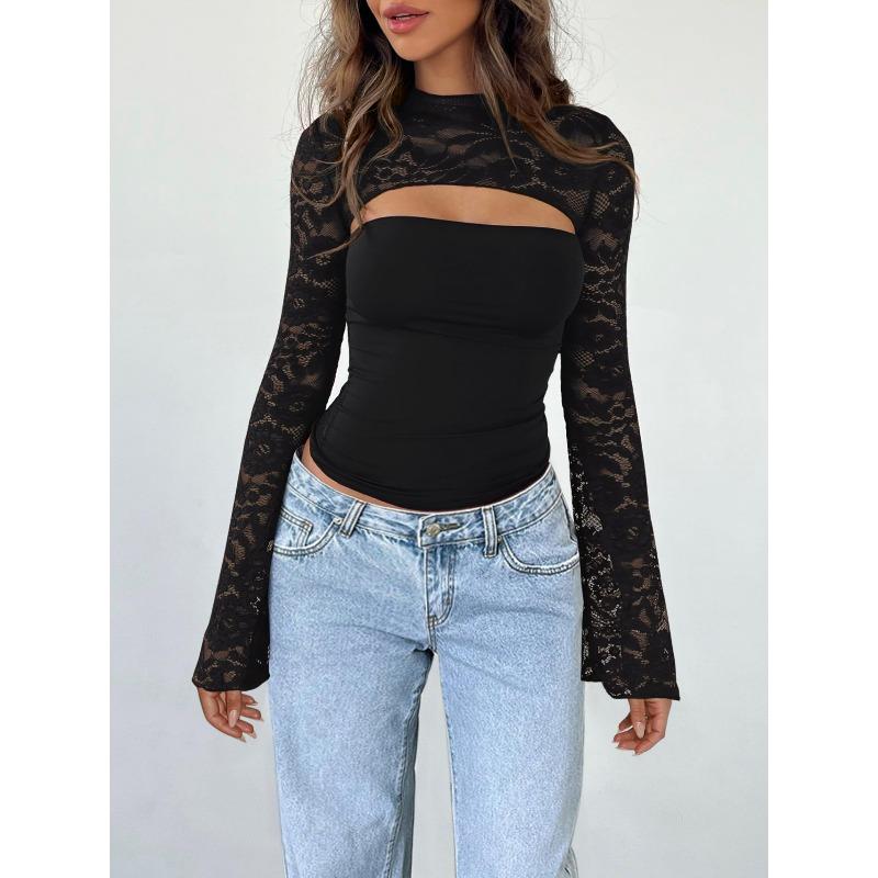 Women's Cutout Crop Top Long Lace Sleeve Slim Fit Party Going Out Top