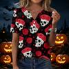 Women's Casual Print V-Neck Short Sleeve T-Shirt with Decorative Buttons