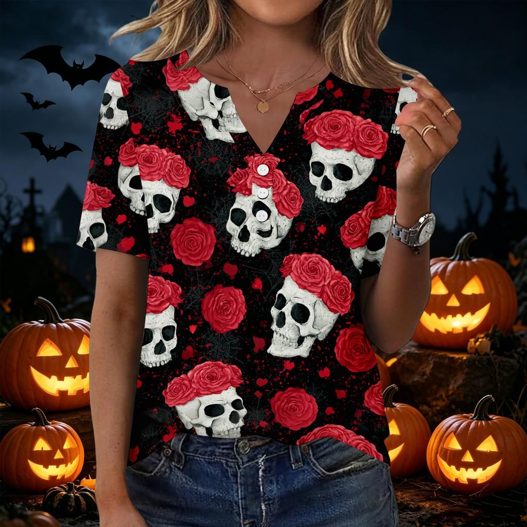 Women's Casual Print V-Neck Short Sleeve T-Shirt with Decorative Buttons