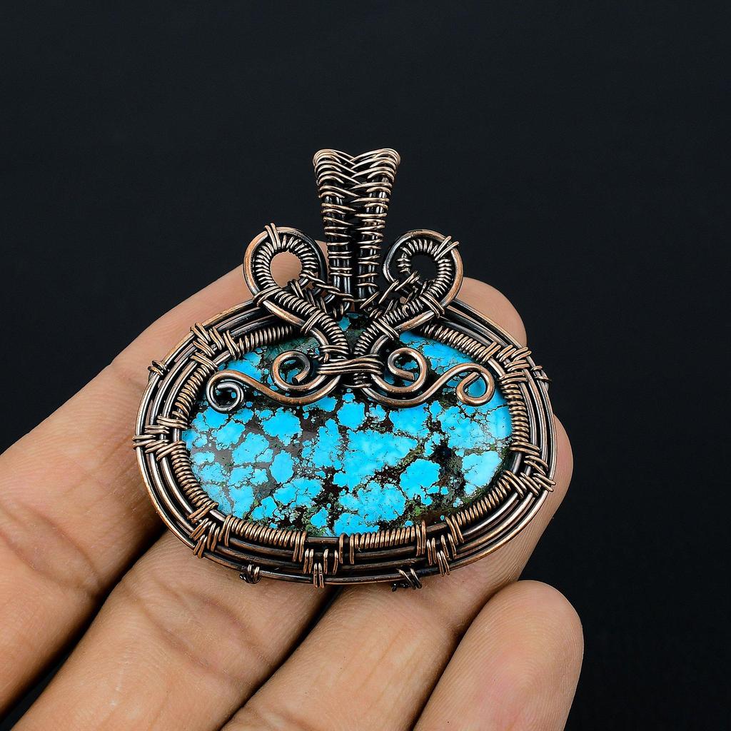 Tibetan Turquoise Pendant, 999 Copper Wire Wrapped Gemstone Jewelry, Handmade Pendant, For Thanksgiving