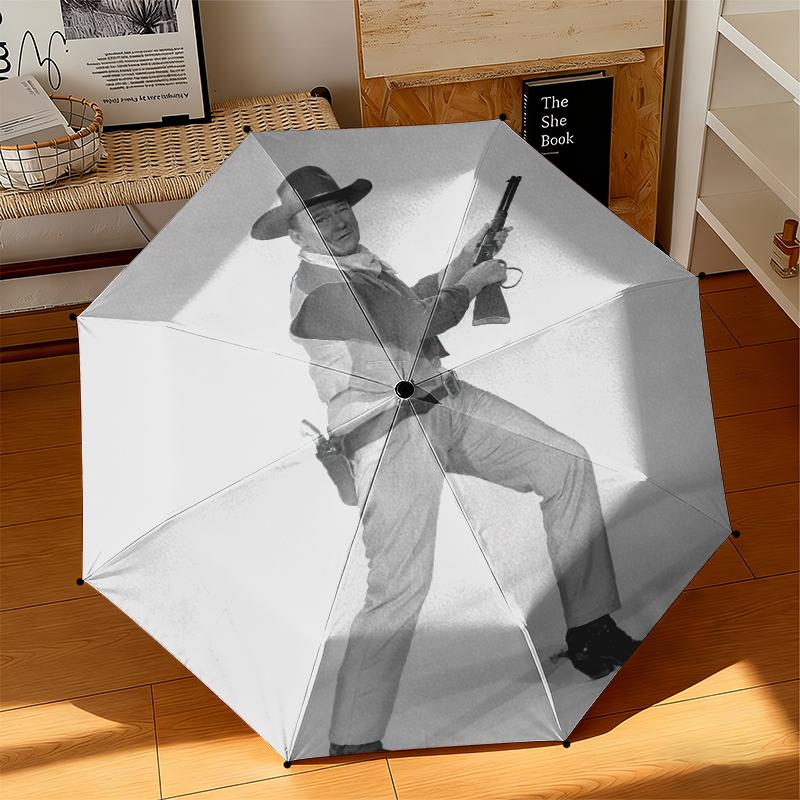 1pc Legendary John Wayne Umbrella Portable Folding Umbrella Iron Frame Hole Bone Structure Outdoor Home Umbrella