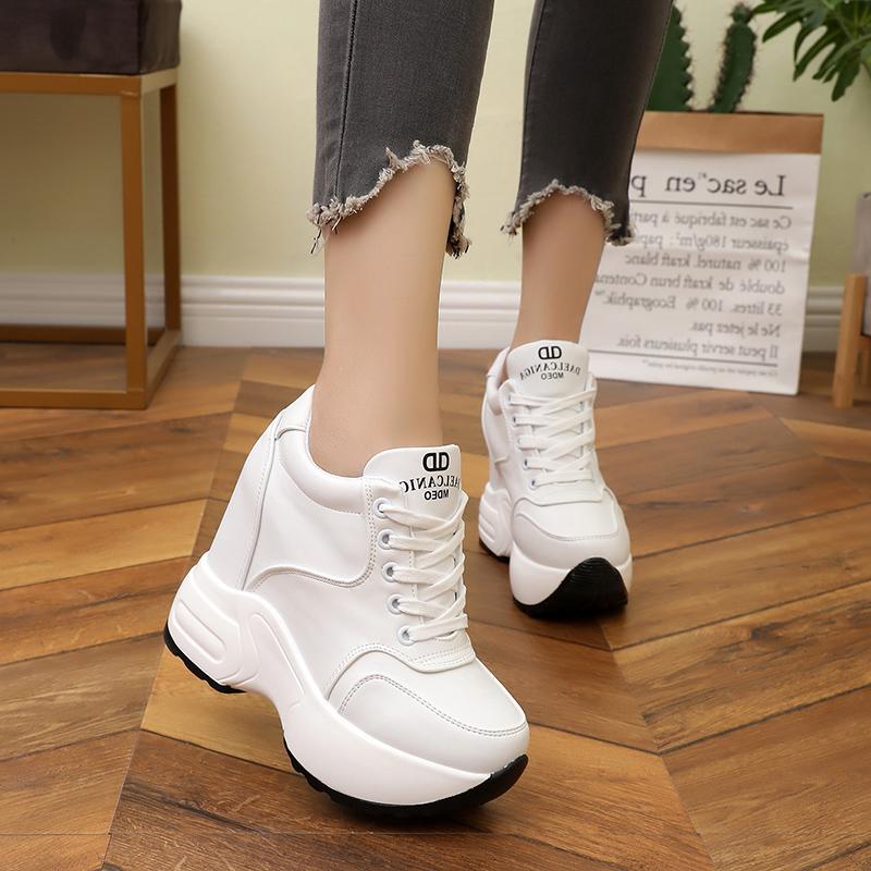 Women's Ankle Boots 2025 Autumn PU Leather Shoes Woman Platform Height Increased Sneakers 11 CM Thick Sole Wedges White Boots