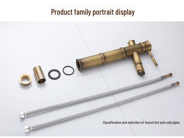 Baterie de baie europeană antică din cupru cu bambus – Baterie pentru lavoar cu apă caldă/rece pentru chiuvete deasupra blatului