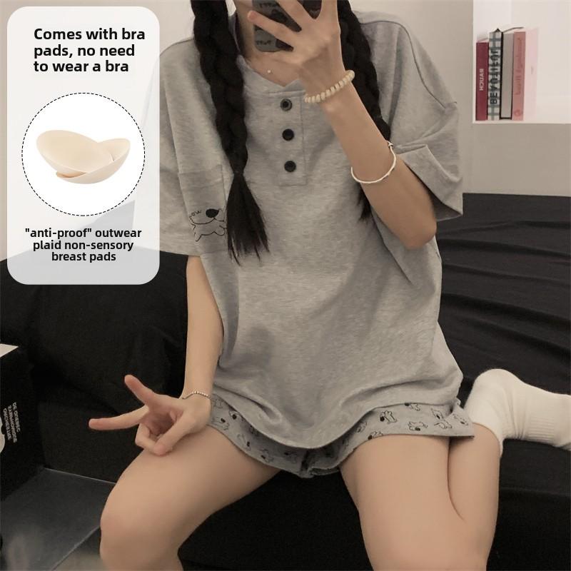 Summer Cute Cartoon Print Pajamas Set for Women Korean Gray Short Sleeve T Shirt+Shorts Sleepwear Female Casual Pyjamas Homewear