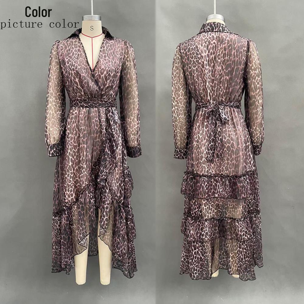 Leopard Print V-neck Long Sleeve Waist-cinching Ruffle Elegant Dress - 2026 Collection