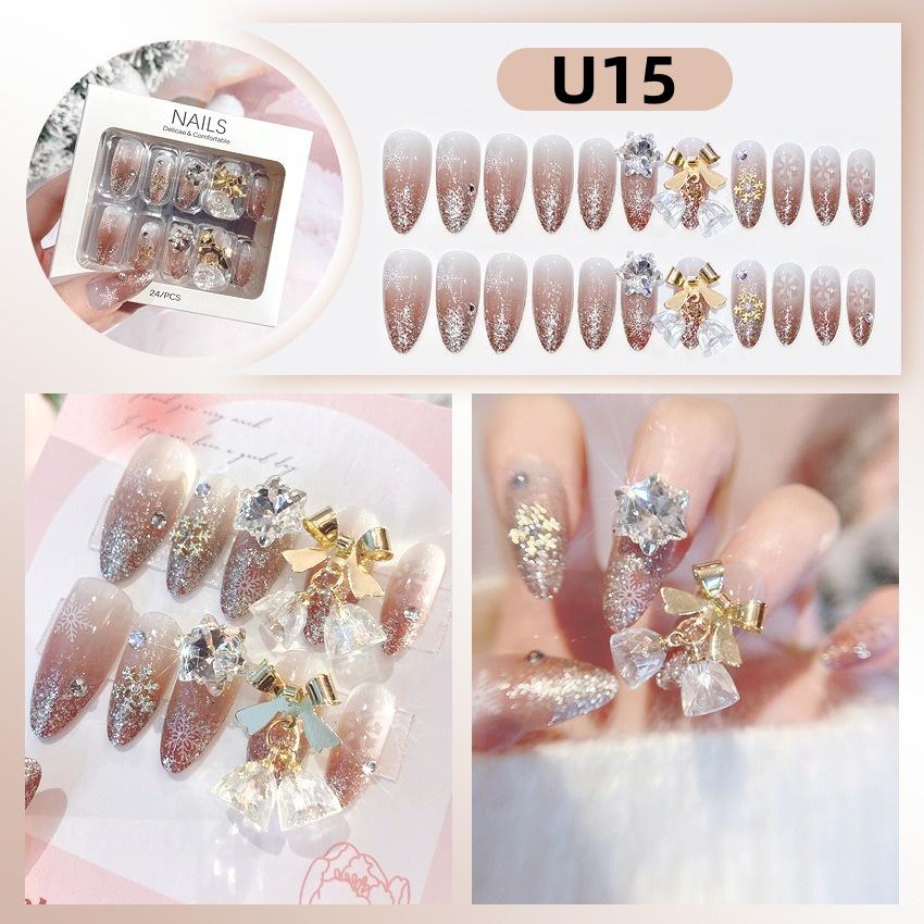 White Blue Color 3D Rabbit Star Rhinestone Designs-Full Cover Acrylic False Nails for Women and Girls Detachable Long Fake Nails