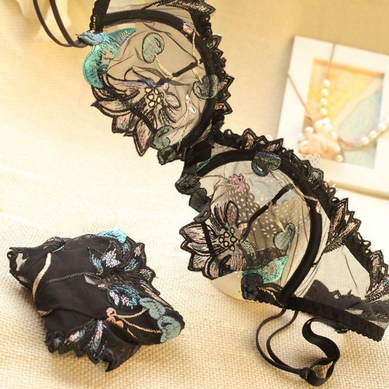 European and American Sexy Lingerie Transparent Mesh Embroidered Bra Set