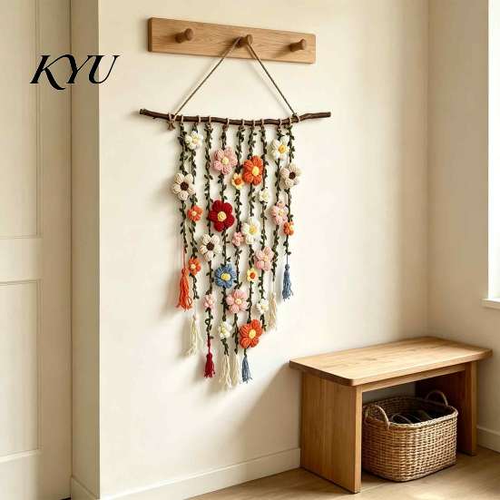 Handcrafted Fabric Wall Hanging Crochet Flower Garden Hanging, Colorful Knitted Tapestry, Handmade Boho Whimsical Tapestry Farmhouse Art for