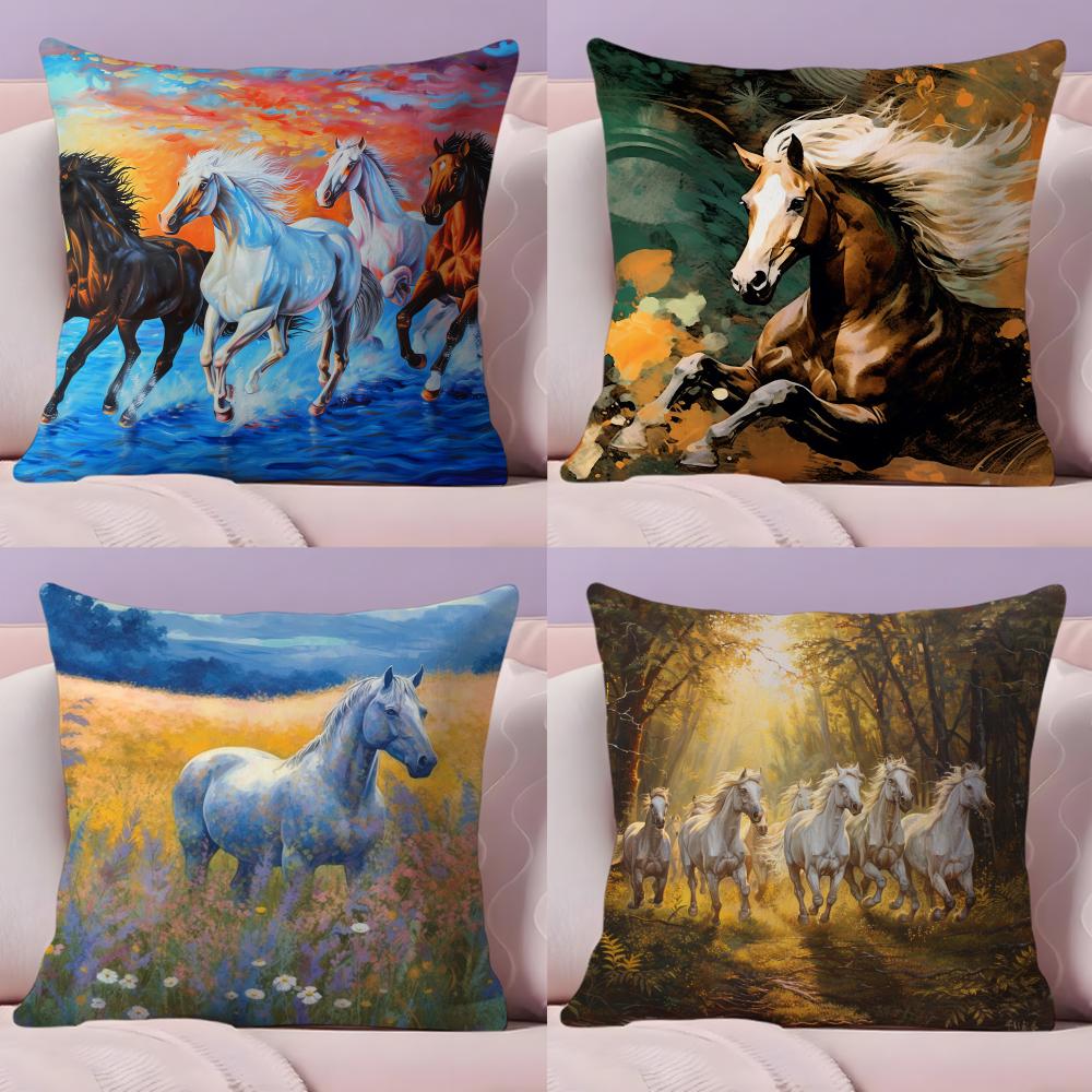 Oil Painting Horse Cushion Cover Plush Fabric Soft Double-Sided Printed Sofa Warm Winter Home Gift Pillow Cover