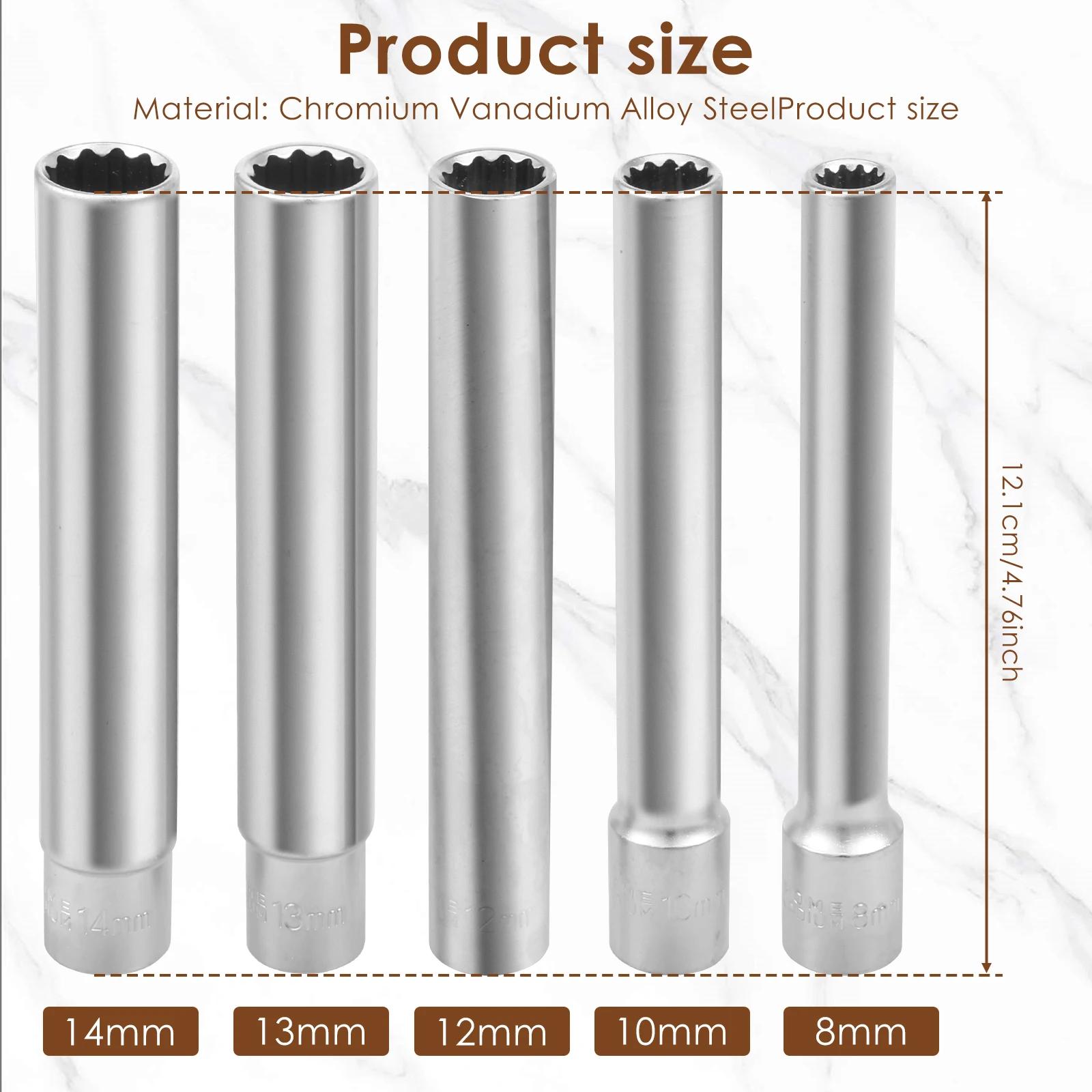 

5Pcs 3/8inch Extra Deep Impact Socket Set Chromium Vanadium Alloy Steel Hexagon Socket 0.31/0.39/0.47/0.51/0.55 inch Sleeve Tool