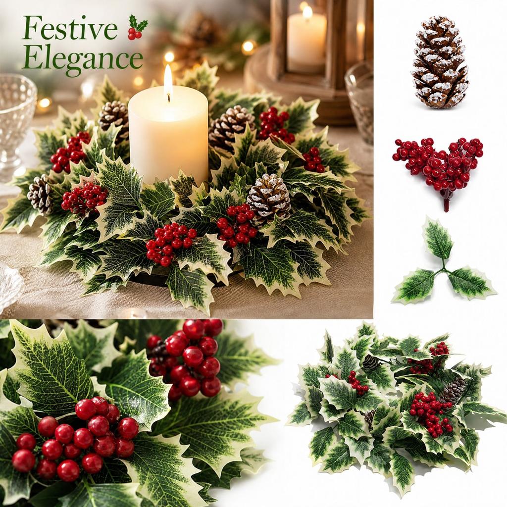Artificial Christmas Candle with Holly, Red Berries and Pinecones for Holiday Table Decor