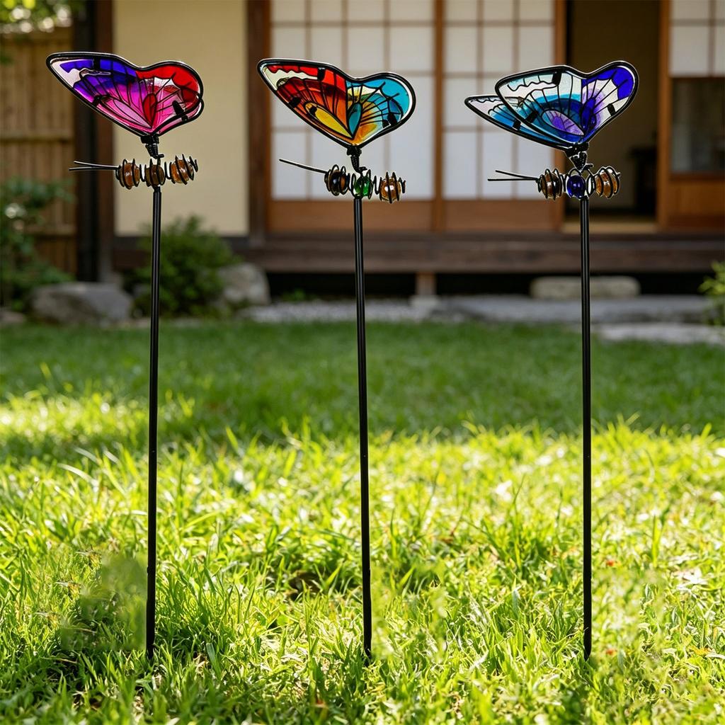 Metal Garden Stake Butterfly and Dragonfly Decorative Plant Pot Ornament Outdoor Yard Lawn Art Sculpture with Ground Insert