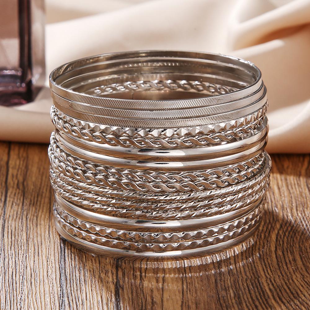 Bohemian-Style 12-Piece Multi-Layer Alloy Bracelet Set for Women