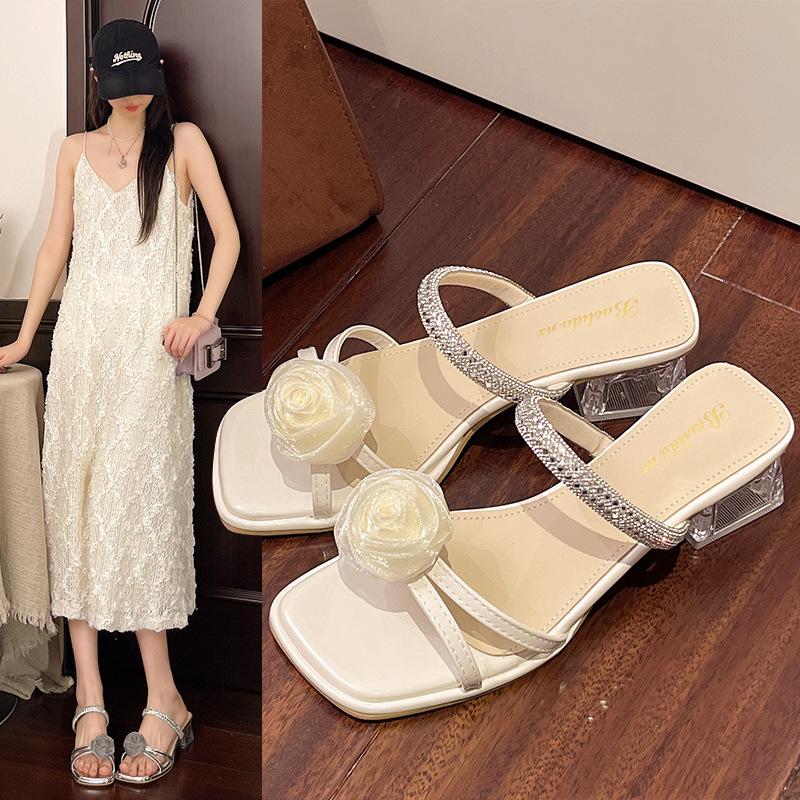Flower Toe Silver Cool Slippers Women Wear New Summer Temperament Thick Heel Rhinestone One-word Drag
