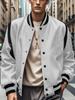 Men's Light Gray Baseball Jacket with Black Stripes and Button Front