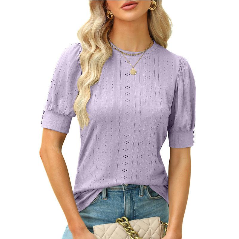 Women Button Puff Sleeve O Neck Breathable Solid Color Pullover T Shirt Blouse Top