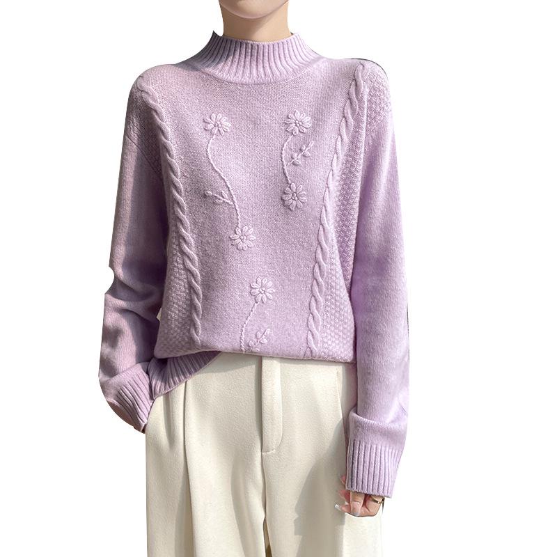 Women's Pure Wool Semi-High Neck Jacquard Pullover Sweater - Thickened, Loose Fit