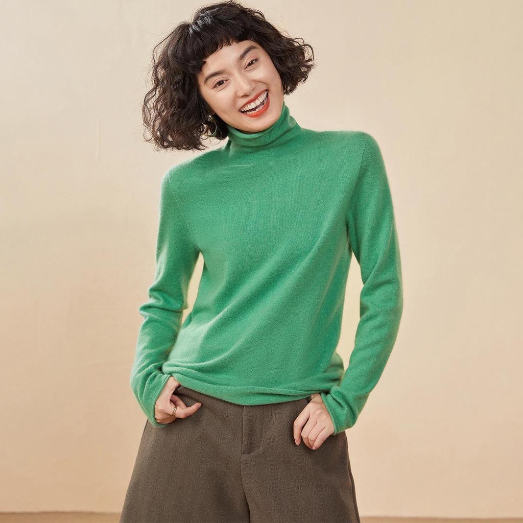 Women's Solid Color Cashmere High Neck Sweater - Loose Knit, Seamless Wool Base Layer
