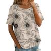 Damen Vintage Print Kurzarm Top - Rundhalsausschnitt, Baumwoll-Leinen-Stoff
