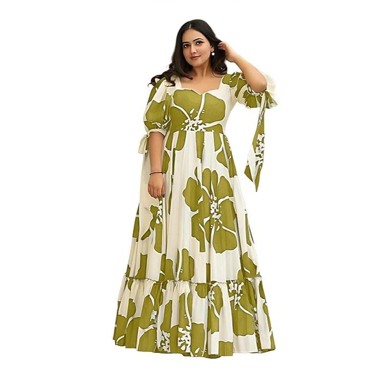 Damska sukienka maxi z rayonu w kwiatowy nadruk|Jednoczęściowa dla kobiet|Sukienka zachodnia|Rozkloszowana sukienka dla kobiet|Sukienka do kostek