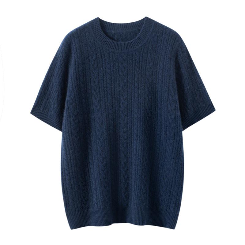 Women's 100% Pure Cashmere Cable Knit Short Sleeve Pullover Sweater