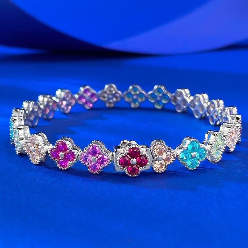 Zhuozhifan Jewelry Браслет из стерлингового серебра S925 с цветным бриллиантом в виде четырехлистного клевера для женщин 16cm