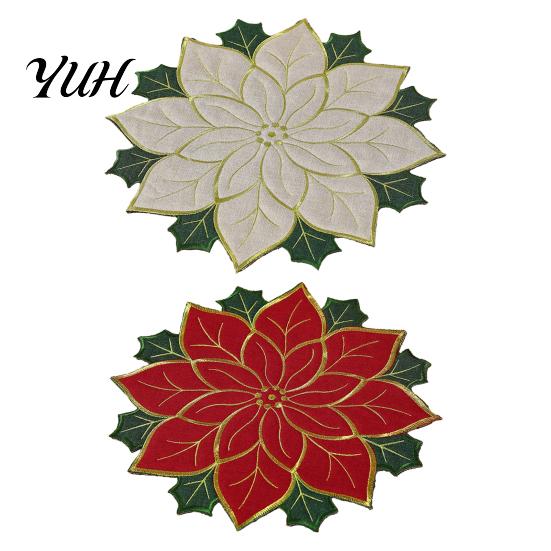 Christmas Table Placemats for Dining Floral Leaf Placemat Table, Decorative Polyester Fabric Round Mats Home with Festive Leaves Design Party